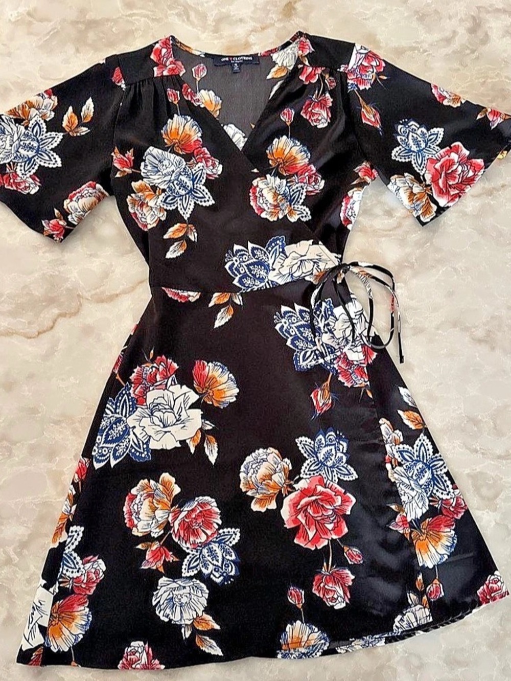 One Clothing Floral Wrap Mini Dress in Black & Multicolor